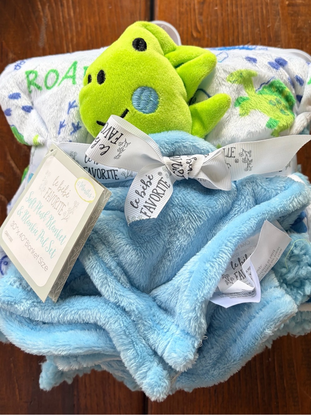 Le Bebé Favorite Blue Plush Baby Blanket with Green Dino Dinosaur Lovey NEW Gift